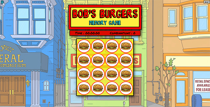 The Bob's Burgers Memory Game Desktop View
